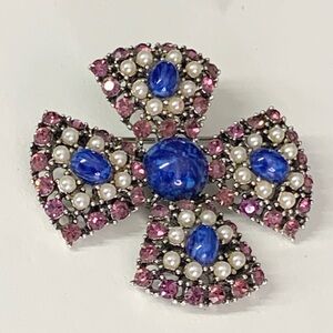 RARE- WEISS Signed Gorgeous Designer Pink ,Blue AB Rhinestone Faux Pearl Cross